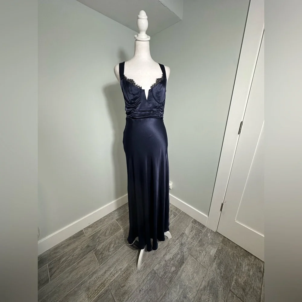 NEW Astr Aeris Satin Lace Trim Maxi Dress Navy Sz Medium Bustier Corset Feminine - Picture 5 of 17